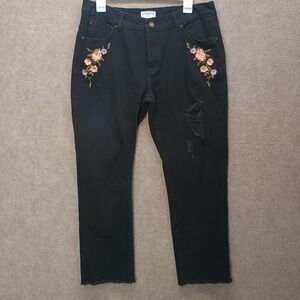BLU PEPPER Black Denim LARGE 34X25 Cropped Embroidered Floral Raw Hem Boho Jeans